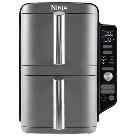 Double Stack XL Air Fryer with Dual Drawers, 9.5L Capacity, 6 Cooking Functions, 4 Levels, Space-Saving Design – Grey