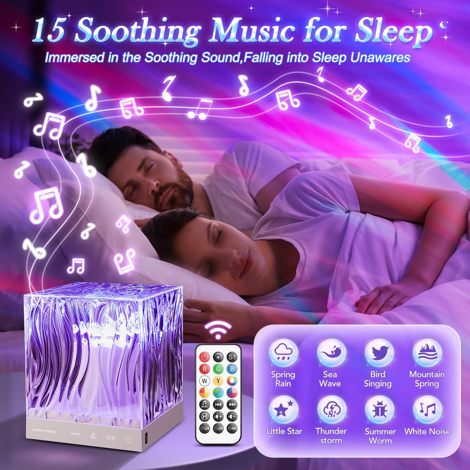 Product advertisement for a sleep aid device with music player, remote control, and various sound options displayed.