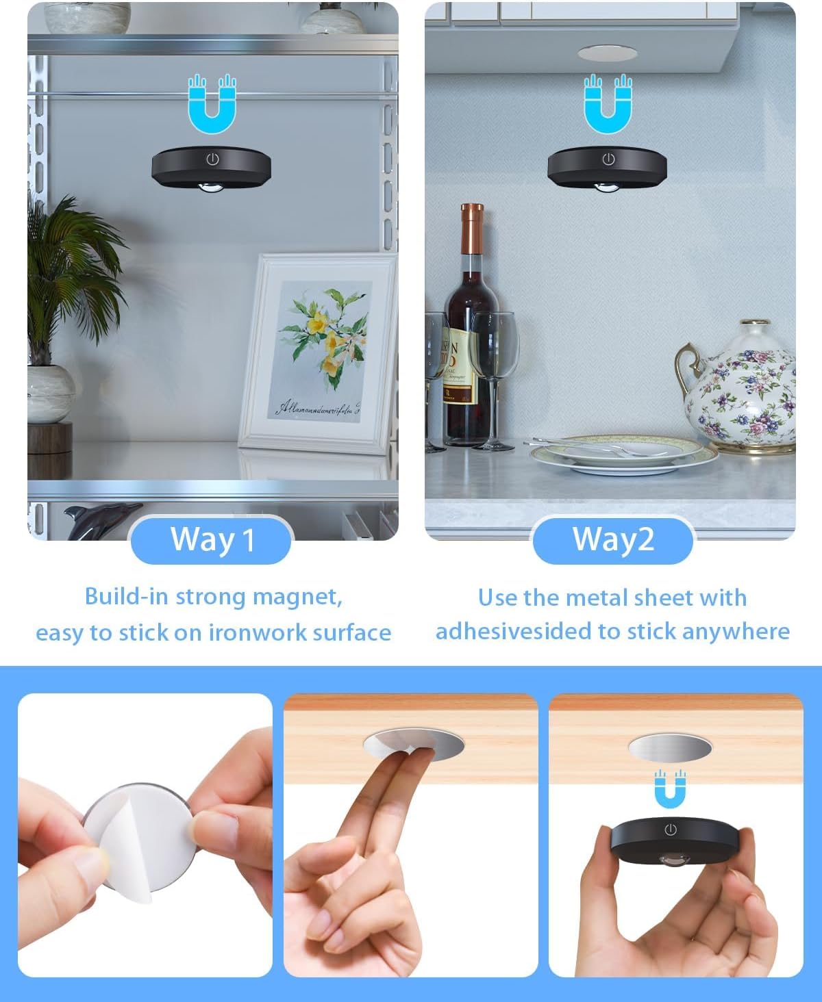 Product demonstration of a magnetic or adhesive strip for mounting on surfaces.