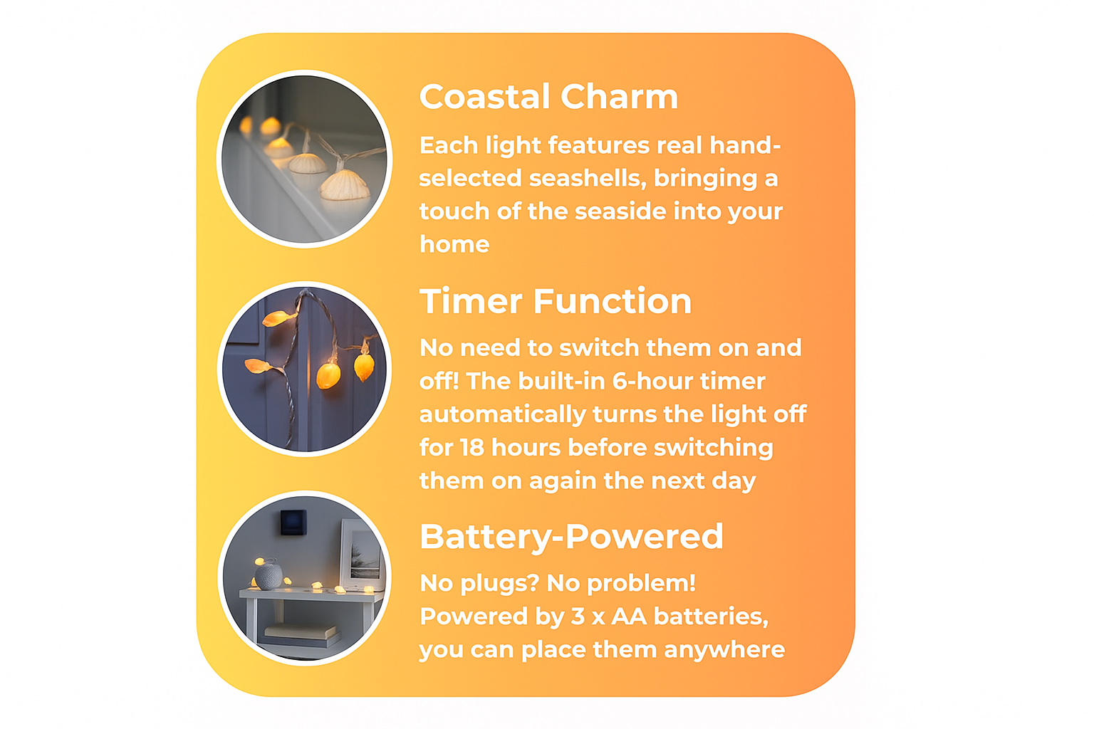 Product description card for coastal-themed lights with timer and battery-powered features.