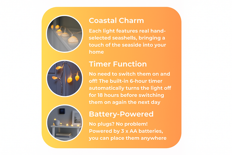 Product description card for coastal-themed lights with timer and battery-powered features.