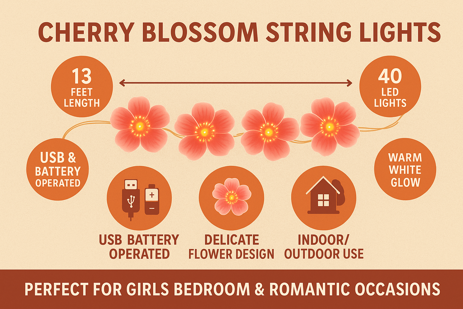 Product description of cherry blossom string lights with features on a beige background