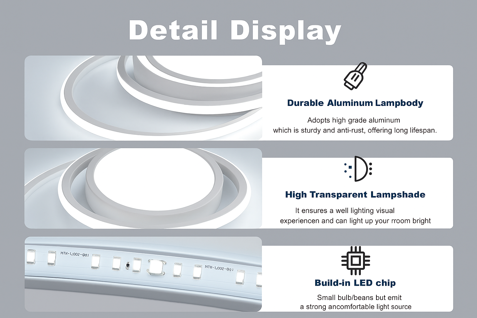 Product detail display with features like durable aluminum lampbody, high transparent lampshade, and built-in LED chip on a gray background.