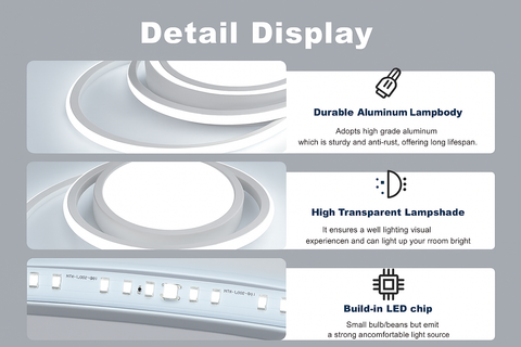 Product detail display with features like durable aluminum lampbody, high transparent lampshade, and built-in LED chip on a gray background.