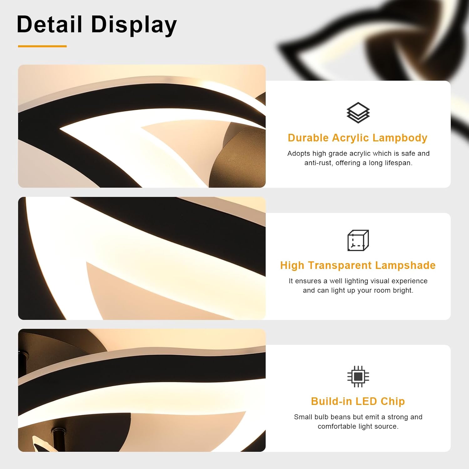 Product detail display with features of a lamp, including durable acrylic lampbody, high transparent lampshade, and built-in LED chip.