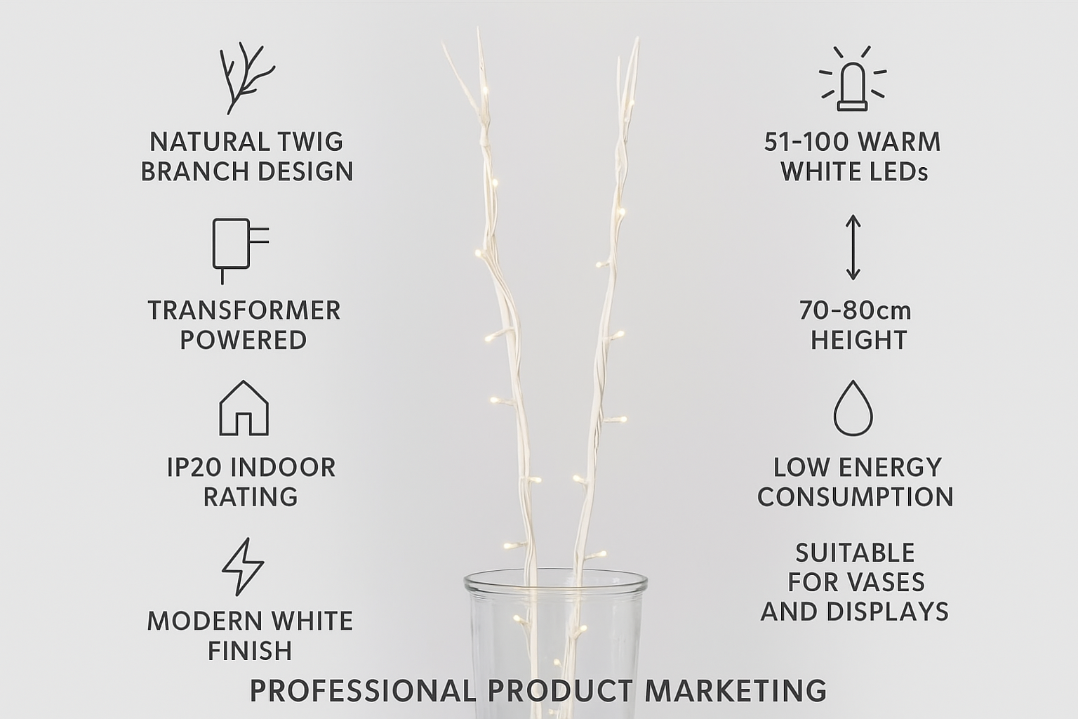 Product details of a decorative twig light with specifications on a white background