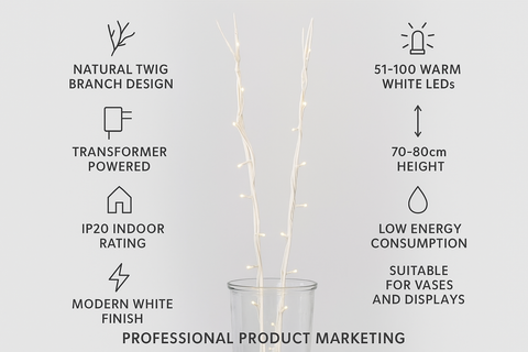 Product details of a decorative twig light with specifications on a white background