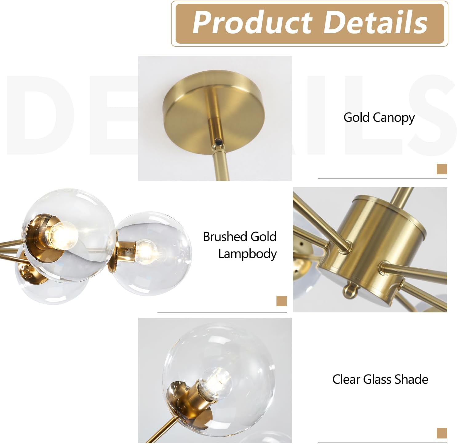 Product details of a gold ceiling light fixture with clear glass shade on a white background.