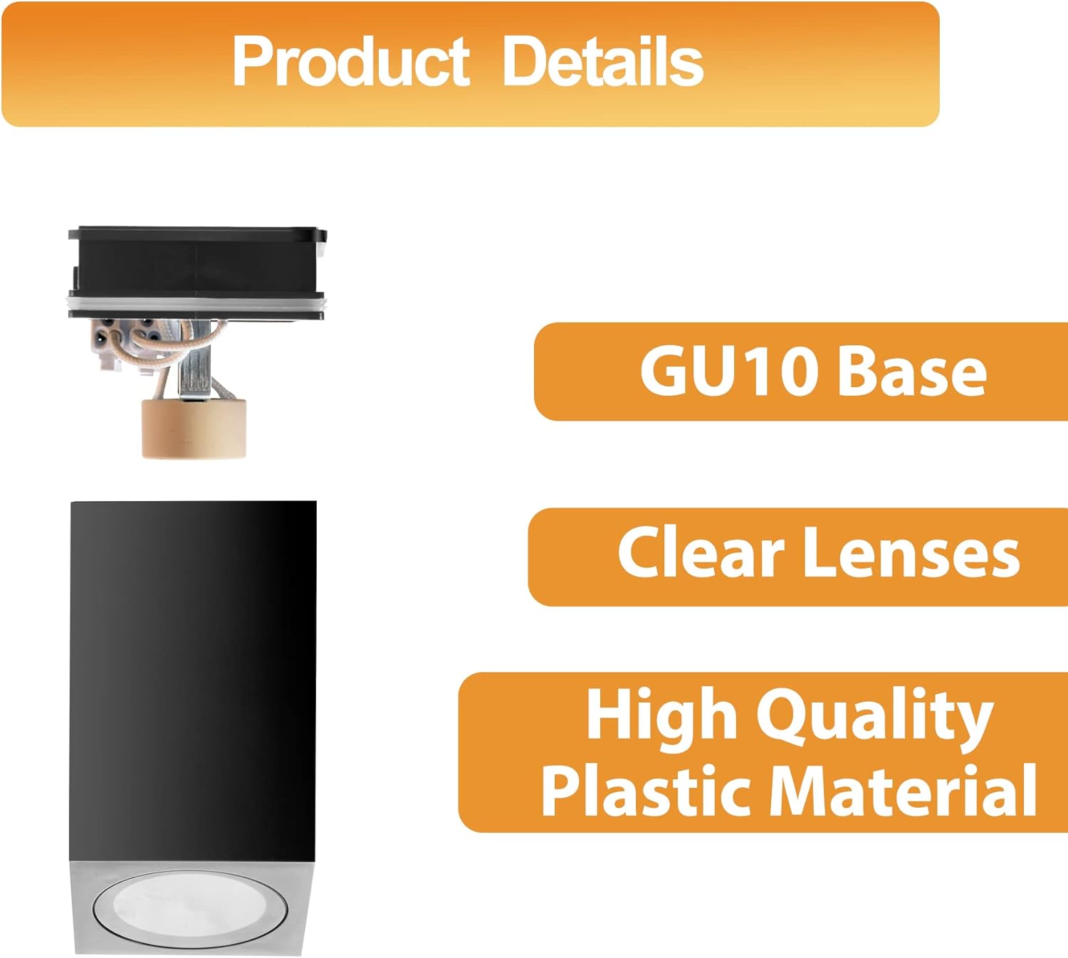 Product details of a light fixture with GU10 base, clear lenses, and high quality plastic material on an orange and white background.