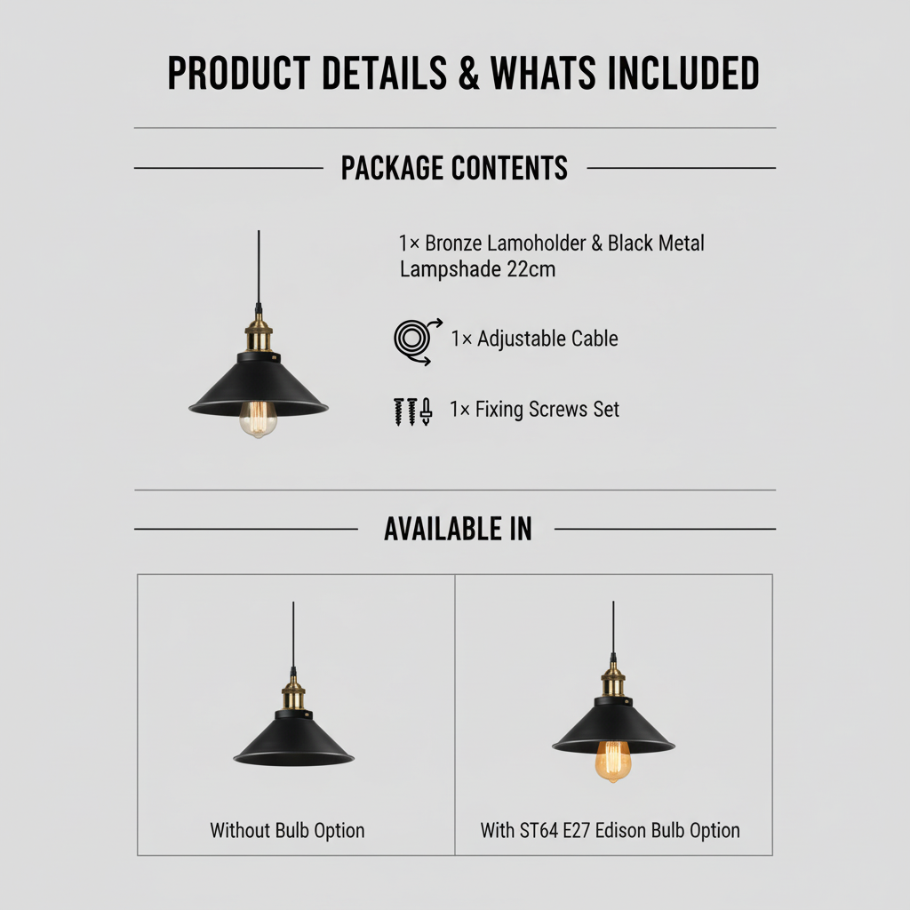 Product details of a pendant light with package contents listed on a white background.