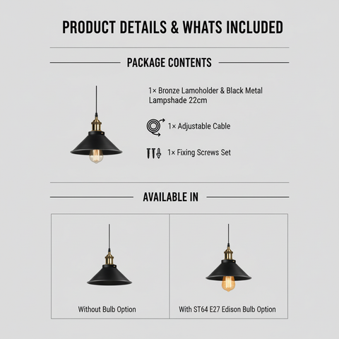 Product details of a pendant light with package contents listed on a white background.
