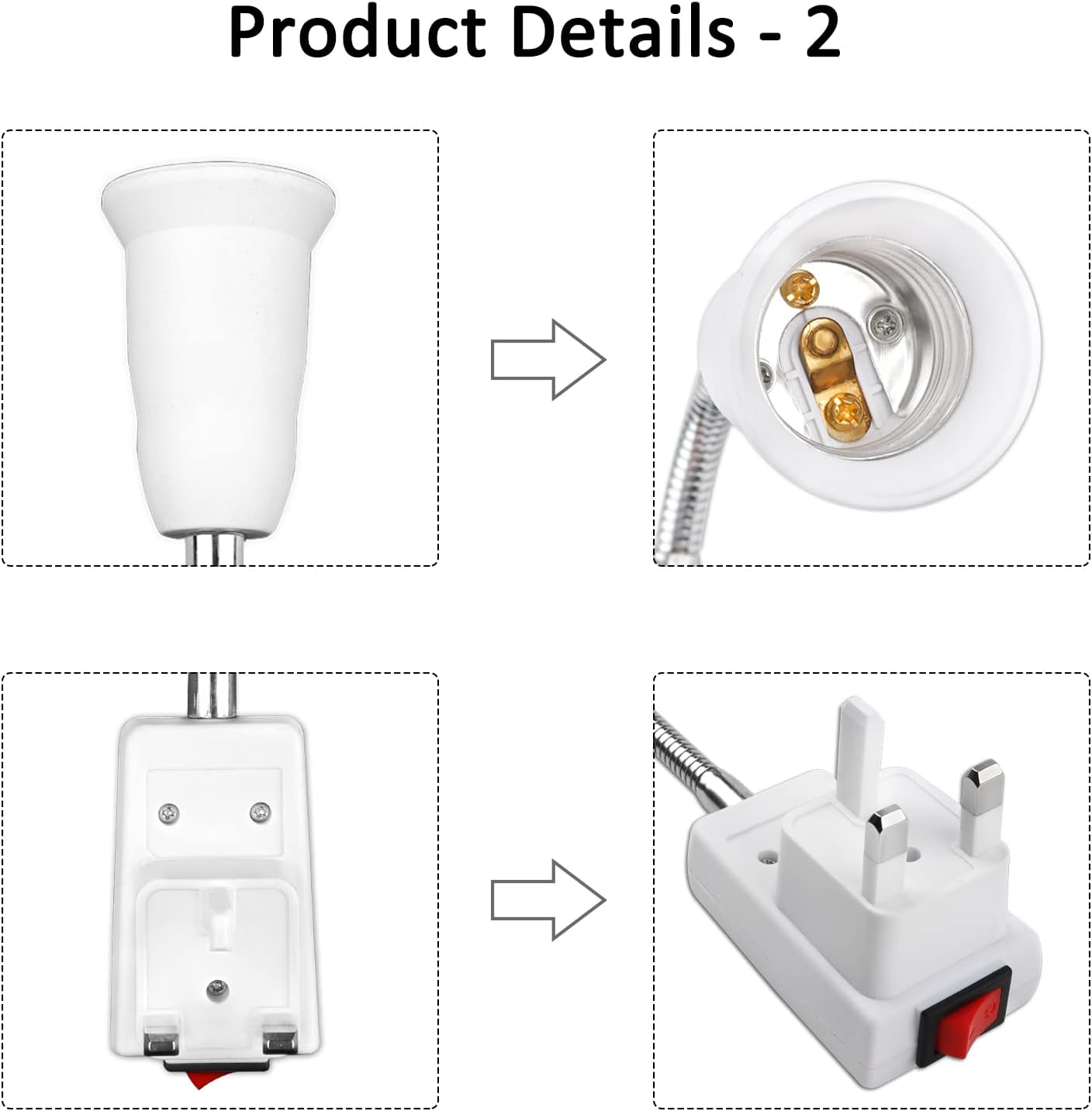 Product details of a white light bulb socket with wiring and plug on a white background.