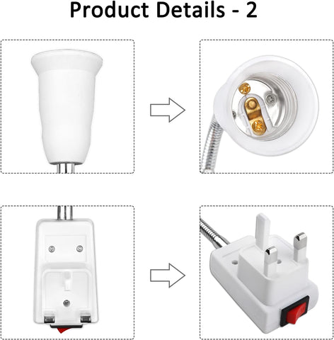 Product details of a white light bulb socket with wiring and plug on a white background.