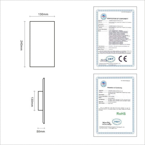 Product dimensions and certification logos on a white background