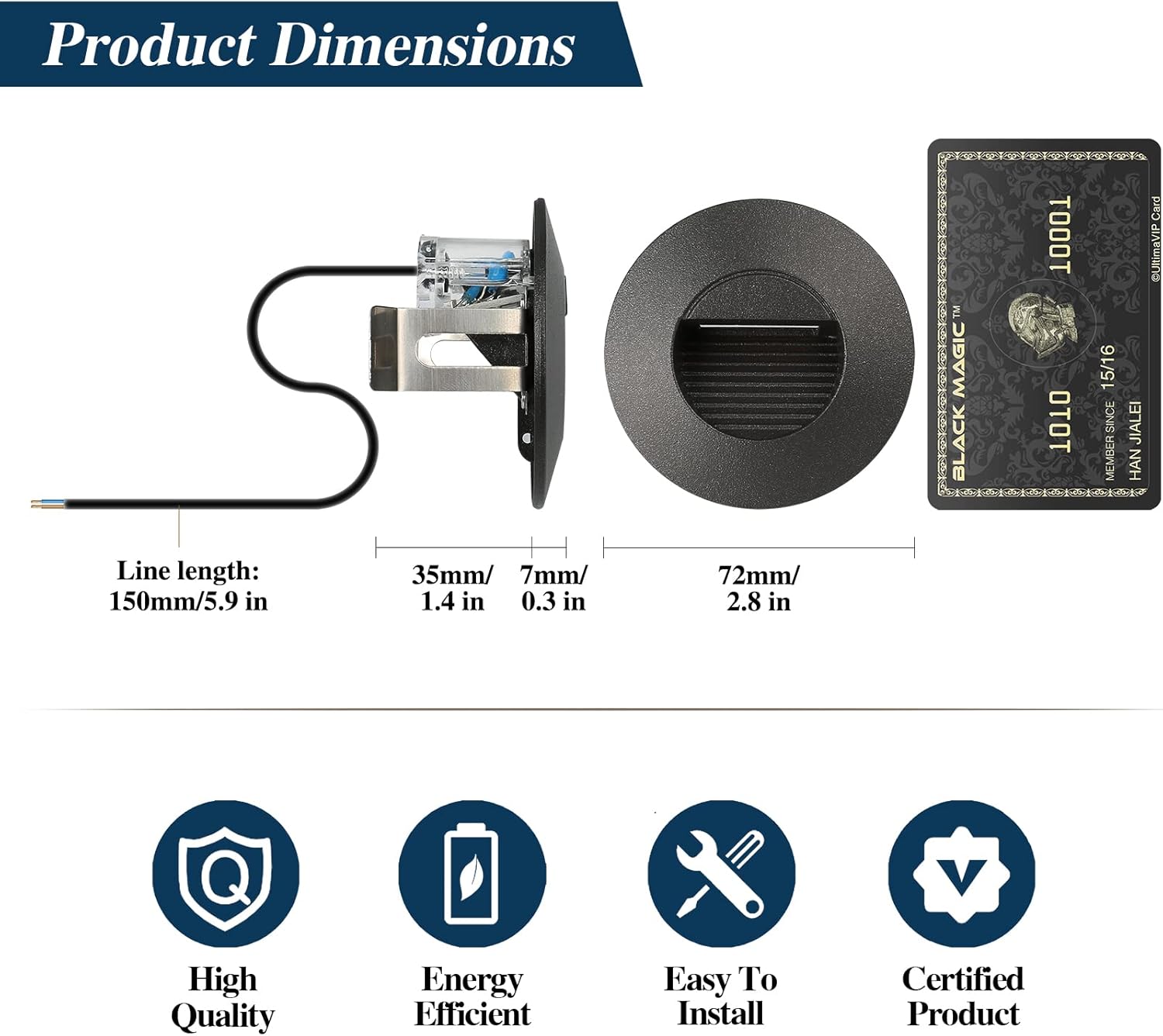 Product dimensions and features displayed on a white background