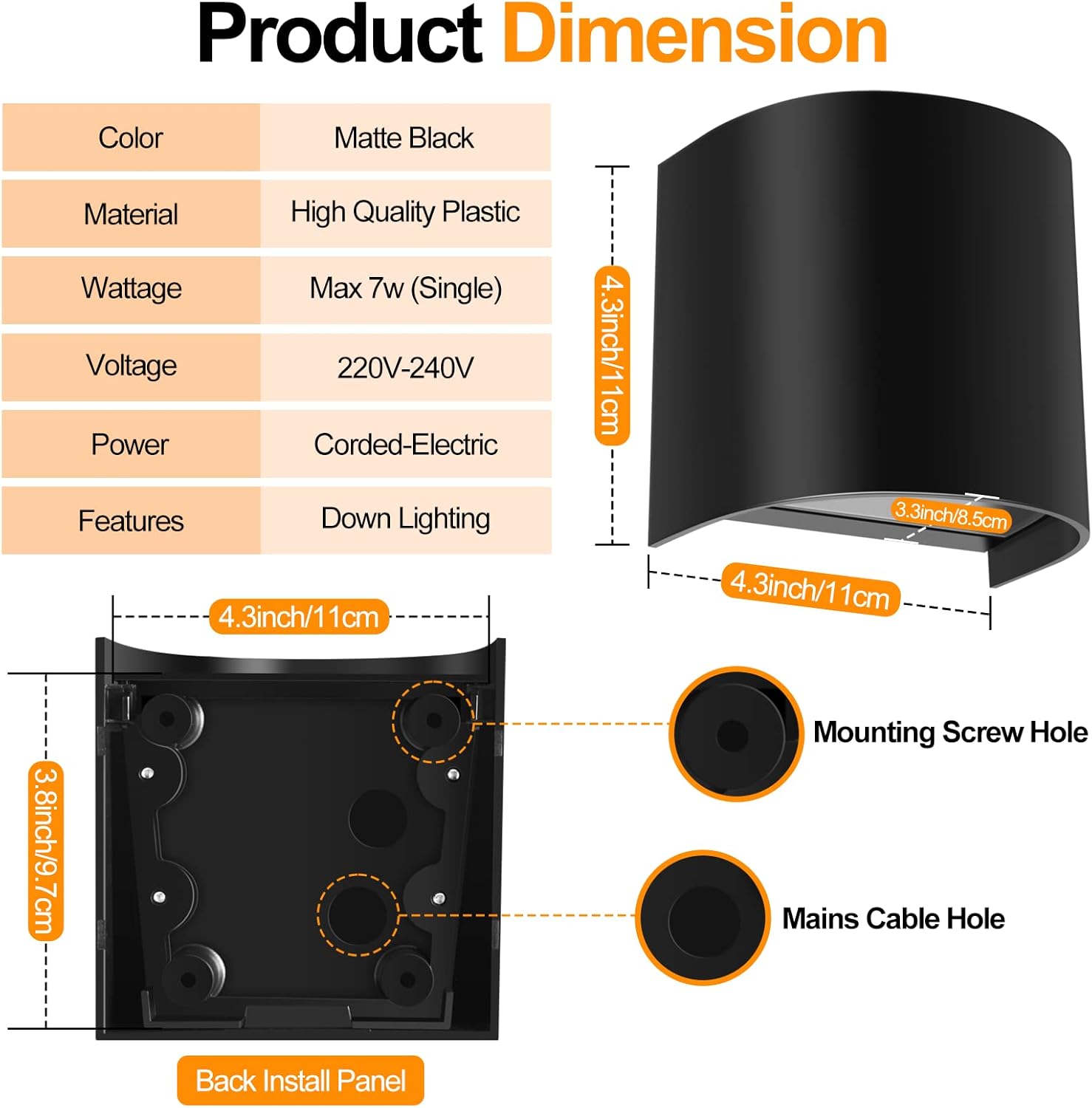 Product dimensions and specifications of a black wall light fixture.