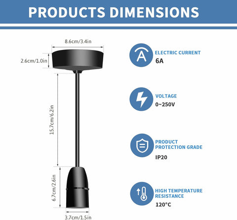Product dimensions chart with specifications on a white background
