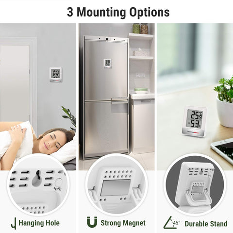 Product display with text '3 Mounting Options' and images of a refrigerator, wall-mounted device, and digital thermometer.