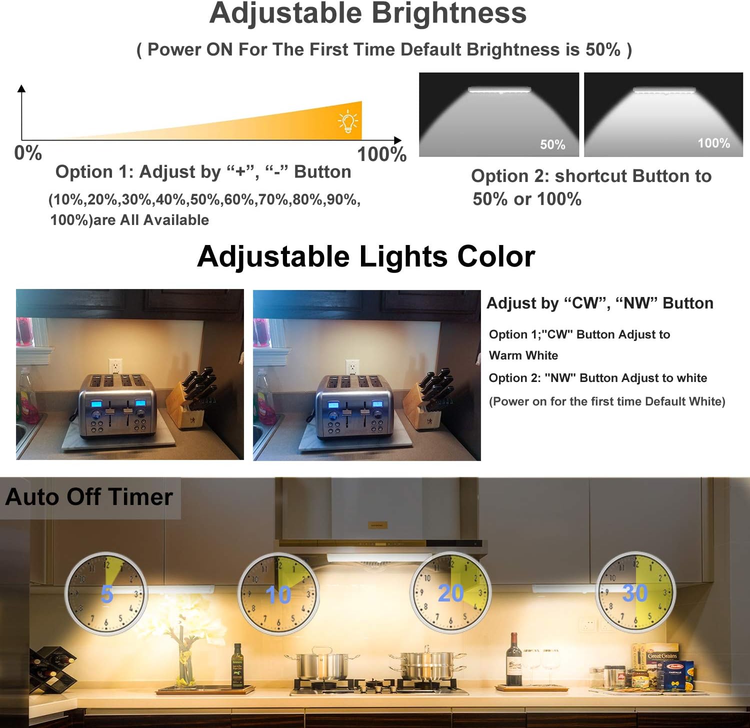 Product features including adjustable brightness, light color adjustment, and auto-off timer on a kitchen background.