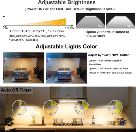 Product features including adjustable brightness, light color adjustment, and auto-off timer on a kitchen background.