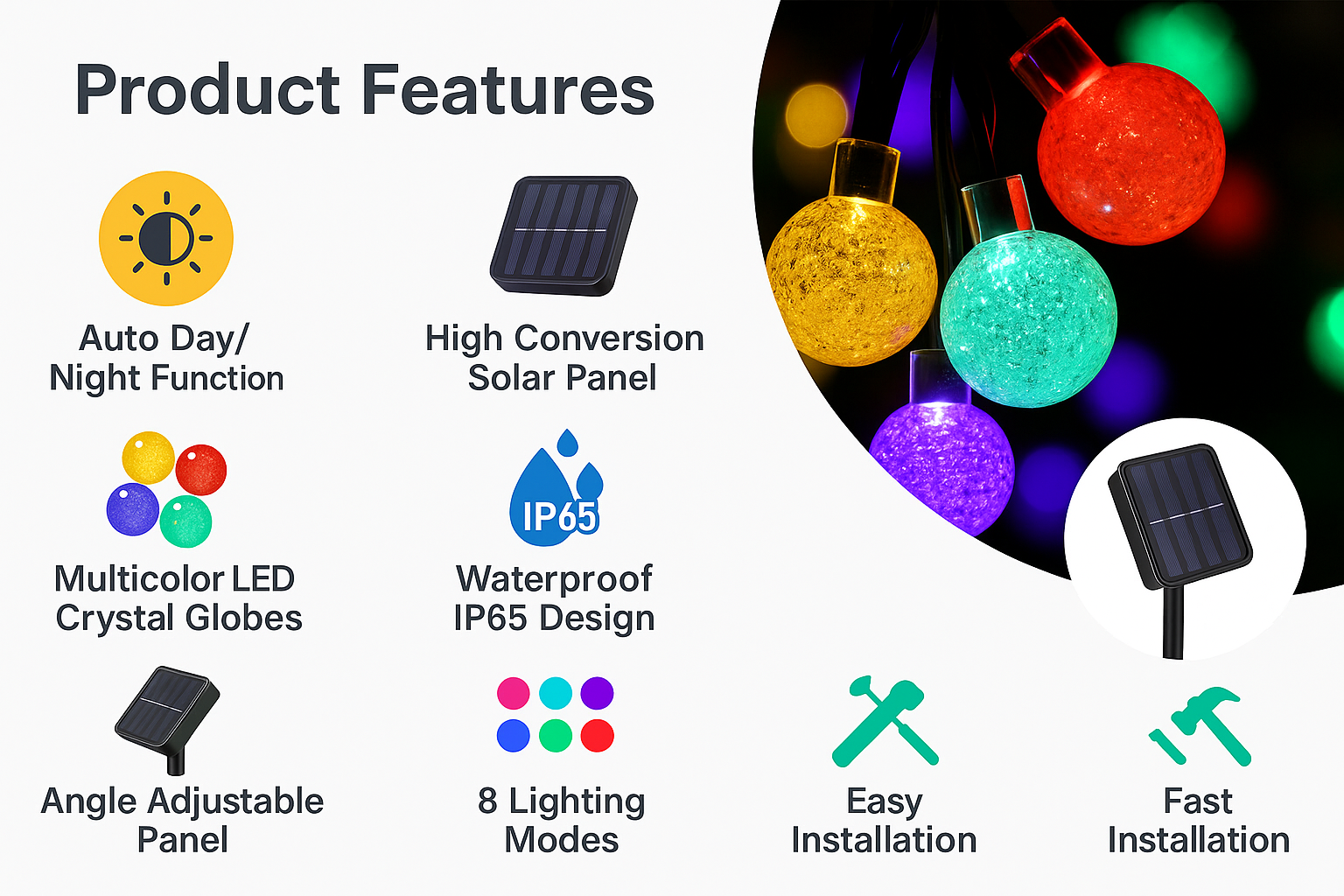 Product features of solar string lights with icons and text on a white background.