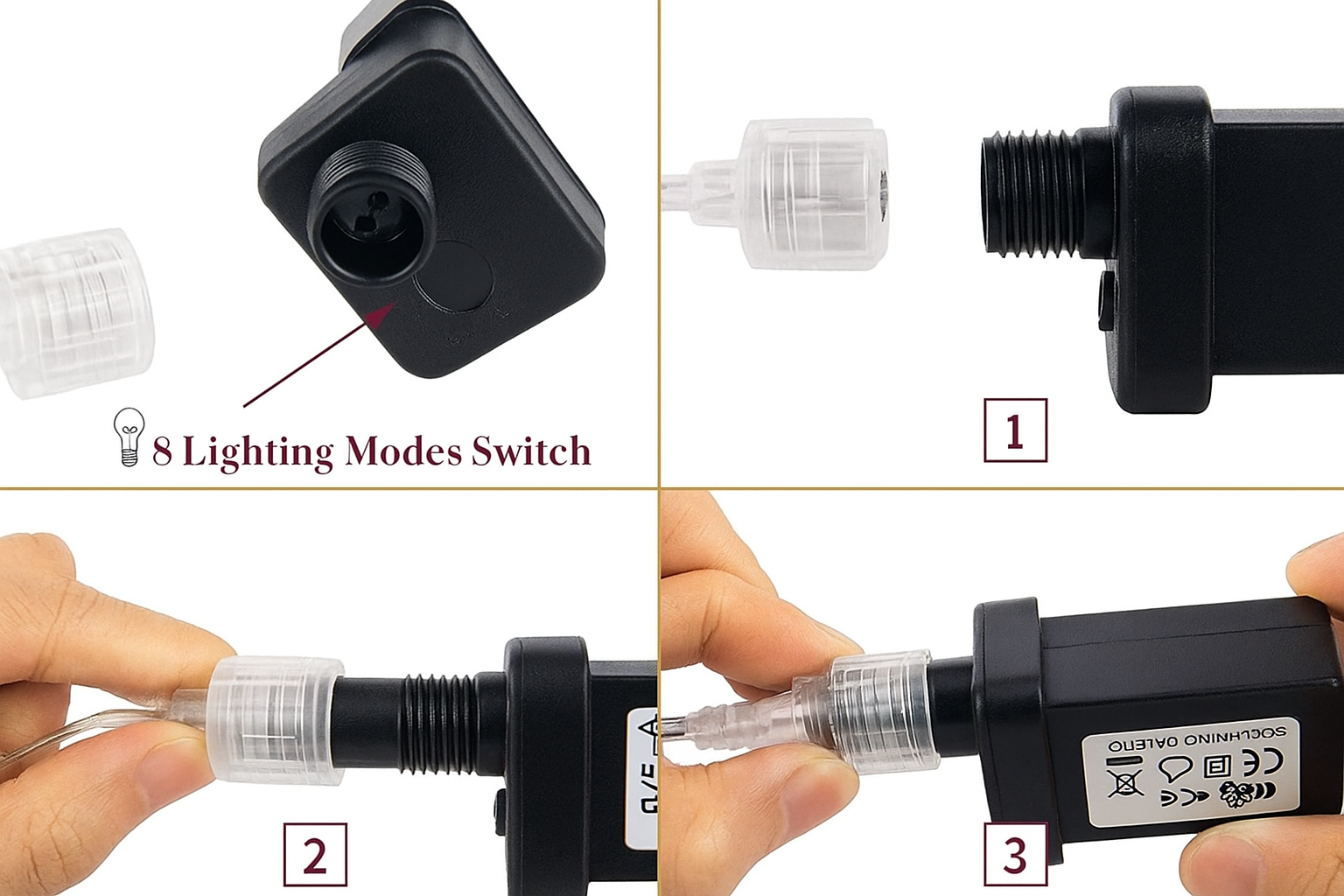 Product features with lighting modes switch, connectors, and hands holding the device.