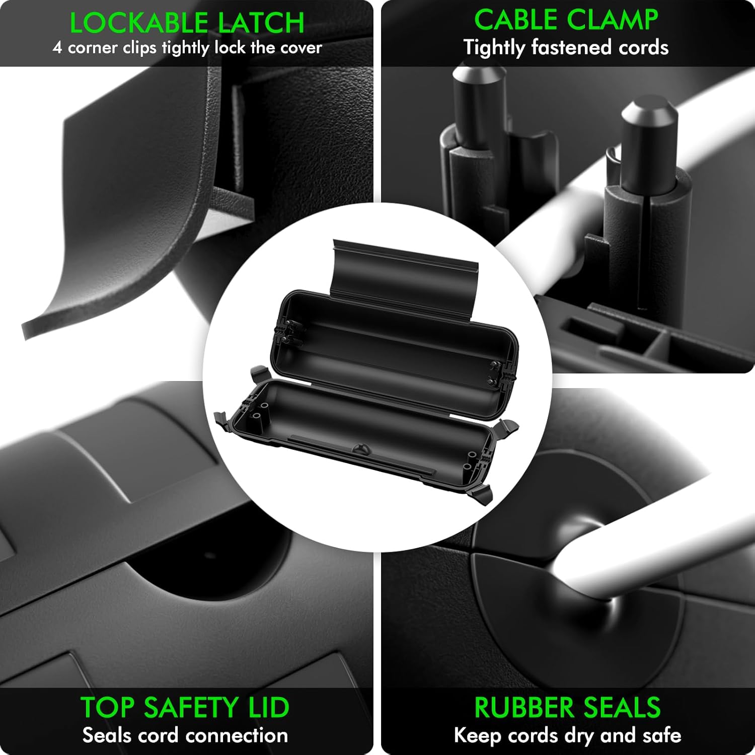 Product features with lockable latch, cable clamp, top safety lid, and rubber seals highlighted.