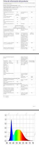 Product information sheet with a color spectrum chart at the bottom