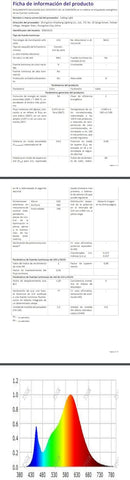 Product information sheet with text and a color spectrum chart.