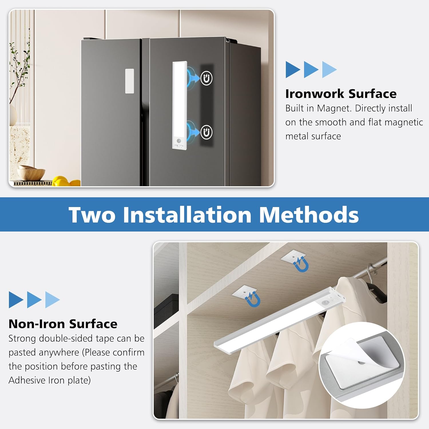 Product installation guide with text on ironwork and non-iron surfaces.