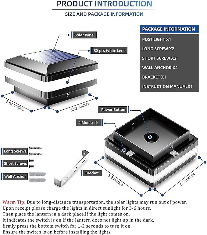 Product introduction with solar panel light and packaging details on a white background