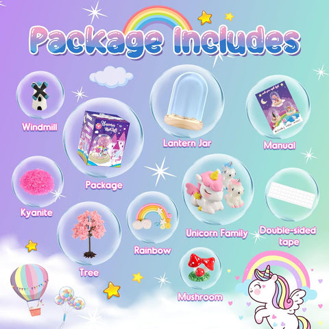 Product package contents with illustrations on a colorful background