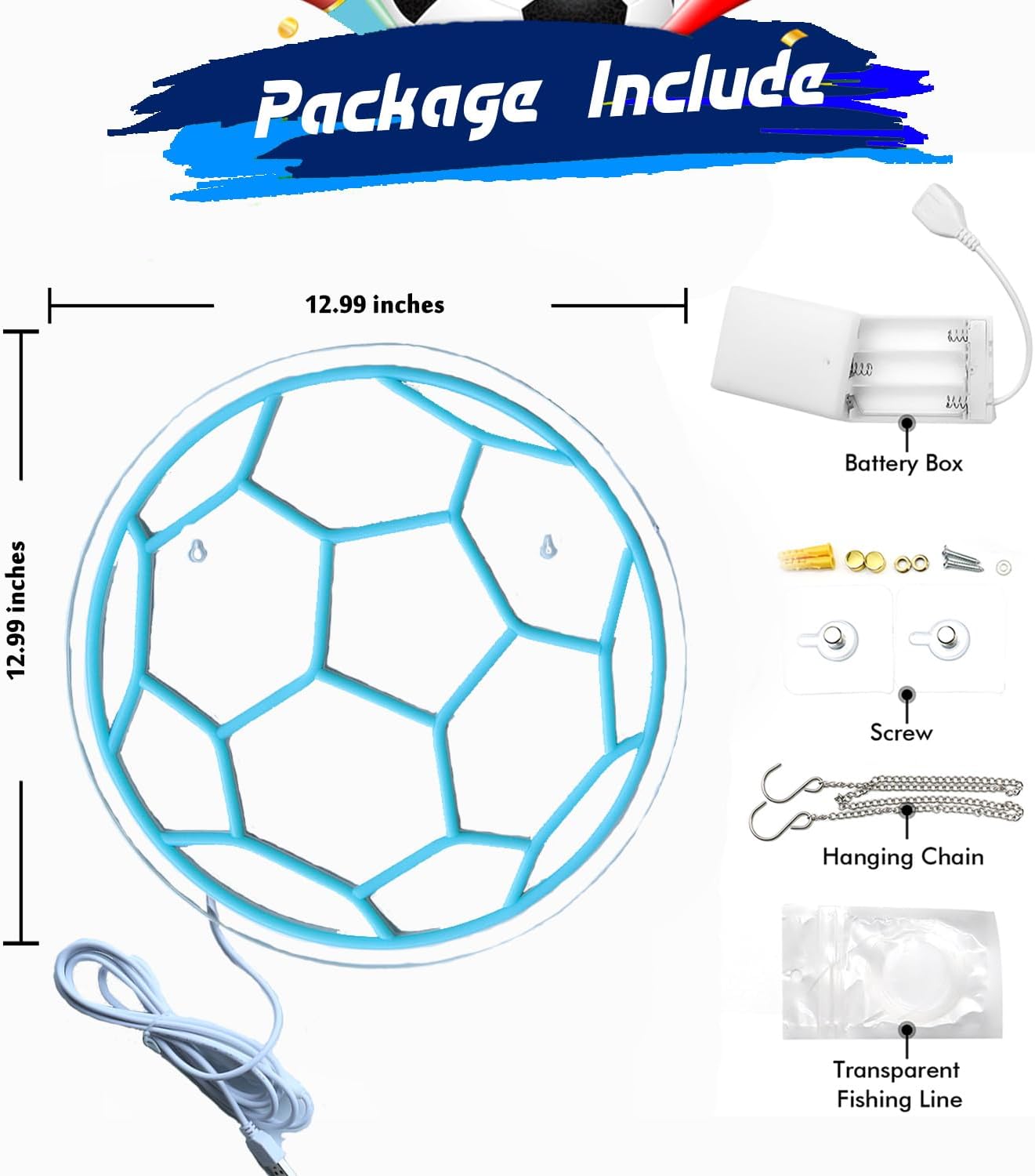 Product package with geometric design, battery box, screw, hanging chain, and transparent fishing line.