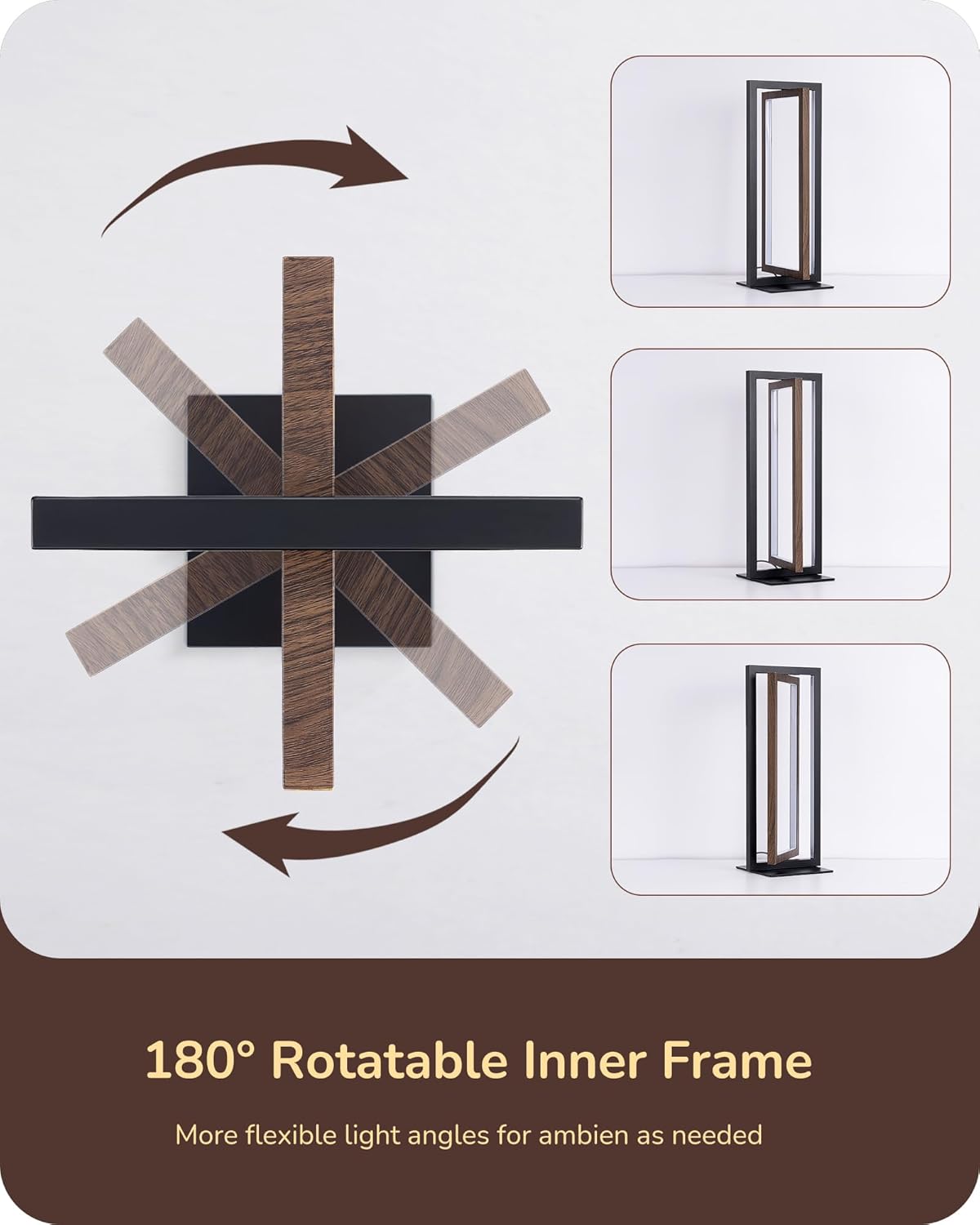 Product packaging for a 180° rotatable inner frame with wooden slats on a white background.