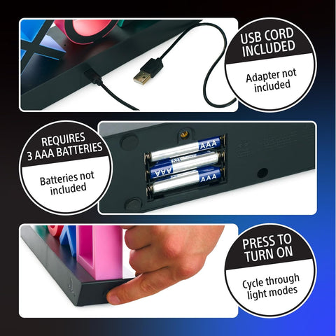 Product packaging with USB cord, batteries, and mode switch illustration on a blue background