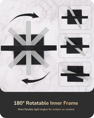 Product packaging with a 180-degree rotatable inner frame feature on a marble background.