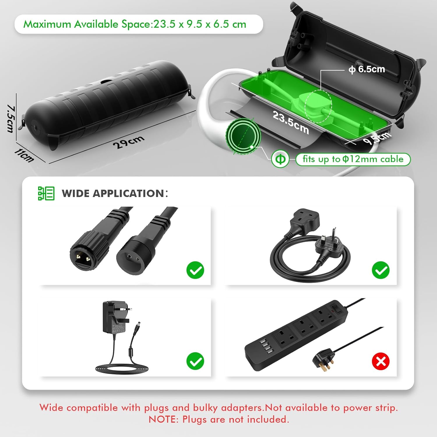 Product packaging with dimensions and compatibility features on a gray background