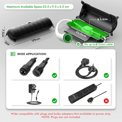 Product packaging with dimensions and compatibility features on a gray background