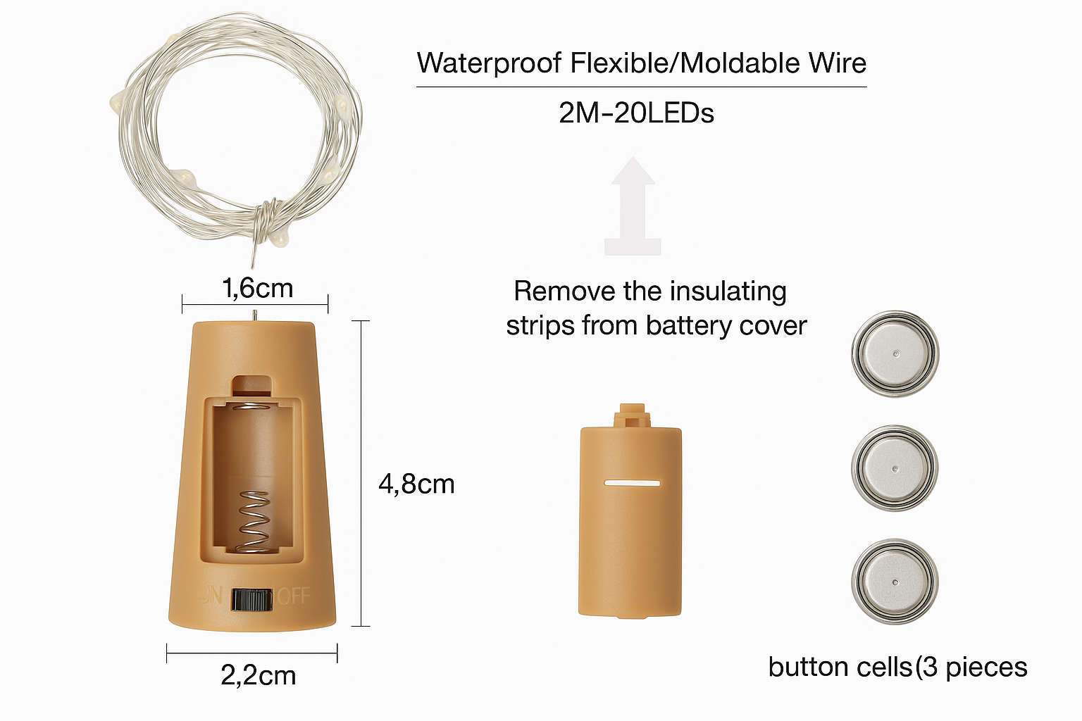 Product packaging with waterproof flexible/moldable wire, battery cover, and button cells on a white background.