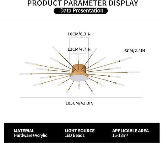 Product parameter display of a ceiling light fixture with dimensions and material details.