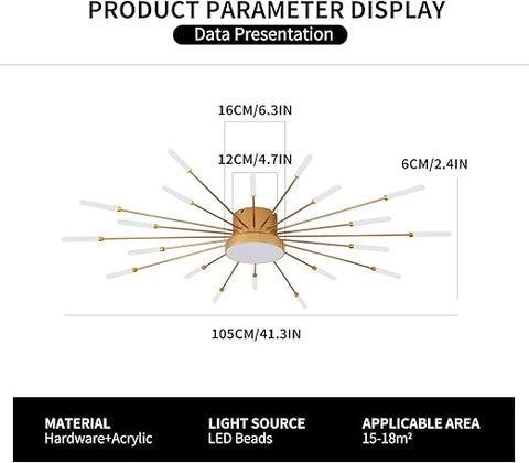 Product parameter display of a ceiling light fixture with dimensions and material details.