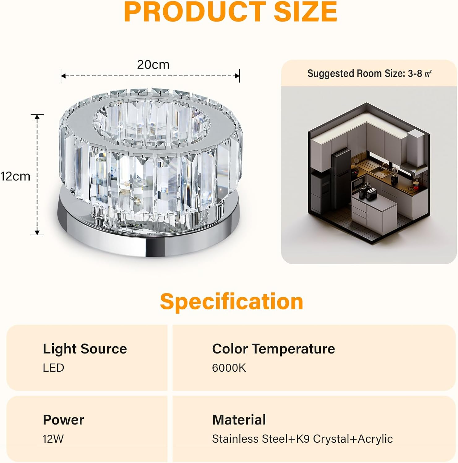 Product size and specification details of a decorative light fixture.