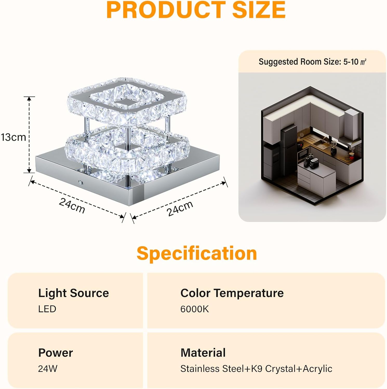 Product size and specification details of a modern light fixture with dimensions and suggested room size.
