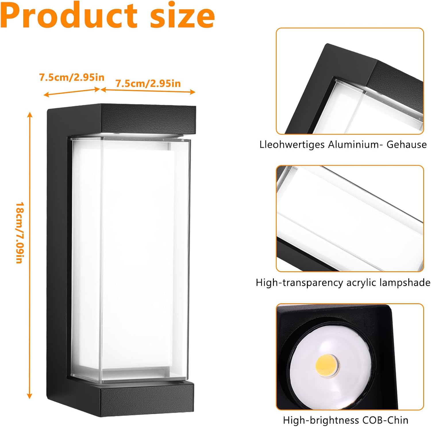Product size chart with dimensions and features of a black outdoor light fixture.