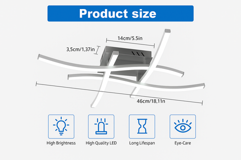 Product size measurement chart with dimensions and feature icons on a white background