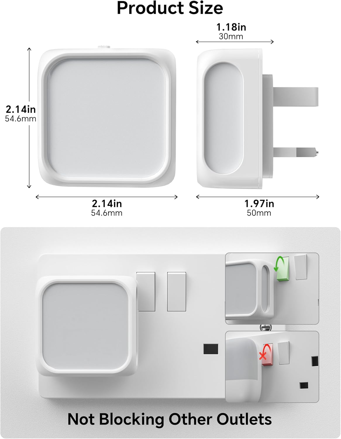 Product size measurement chart with dimensions of a plug and socket, showing not blocking other outlets.
