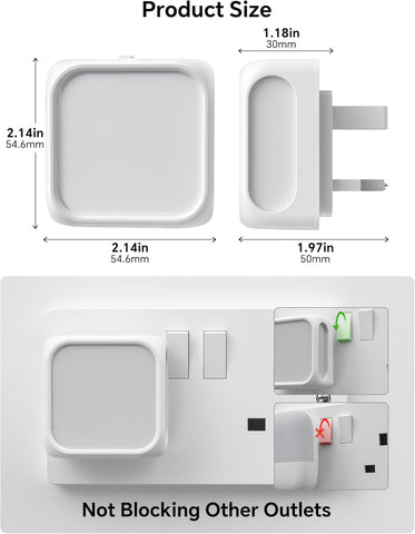 Product size measurement chart with dimensions of a plug and socket, showing not blocking other outlets.