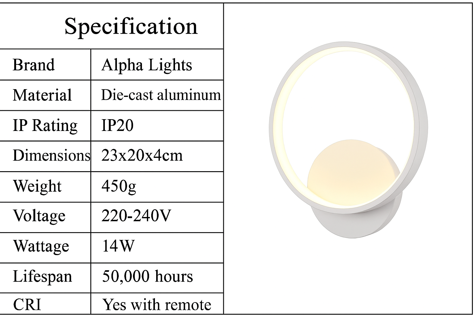 Product specification table for Alpha Lights with a white lamp on a black background