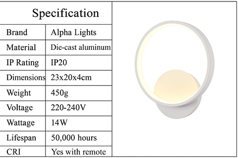 Product specification table for Alpha Lights with a white lamp on a black background