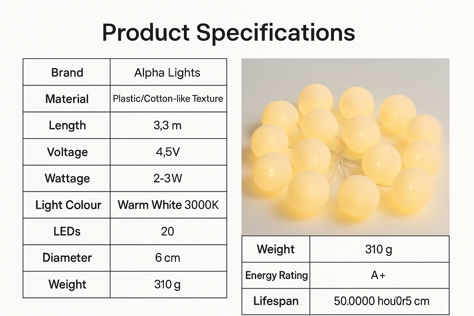 Product specifications for Alpha Lights string lights including material, length, voltage, wattage, light color, LEDs, diameter, weight, energy rating, and lifespan.